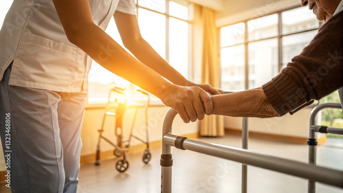 recovery in two hands, a physical therapist's hands helping a patient relearn how to walk