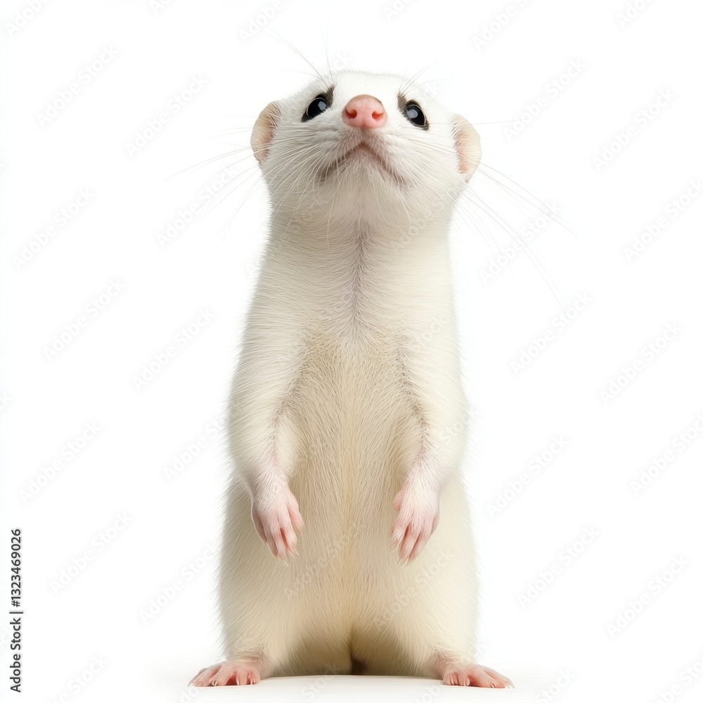 Obraz premium Albino ferret standing on hind legs against a white background. Studio shot, looking up.