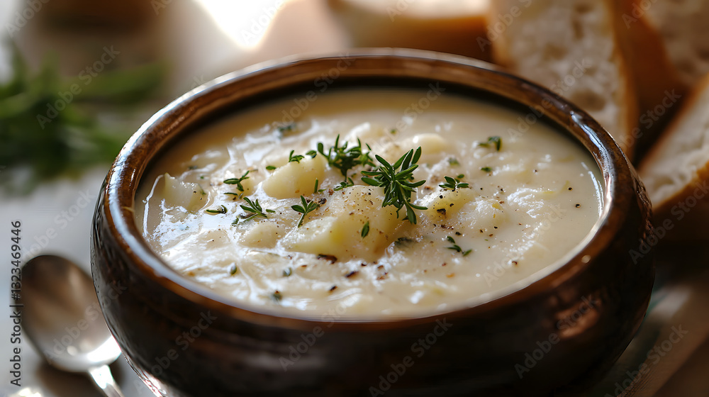 Creamy Scottish Cullen Skink Soup in Rustic Bowl with Bread and Fresh Herbs on a Table Creamy Scottish Cullen Skink Soup in Rustic Bowl with Bread and Fresh Herbs on a Table