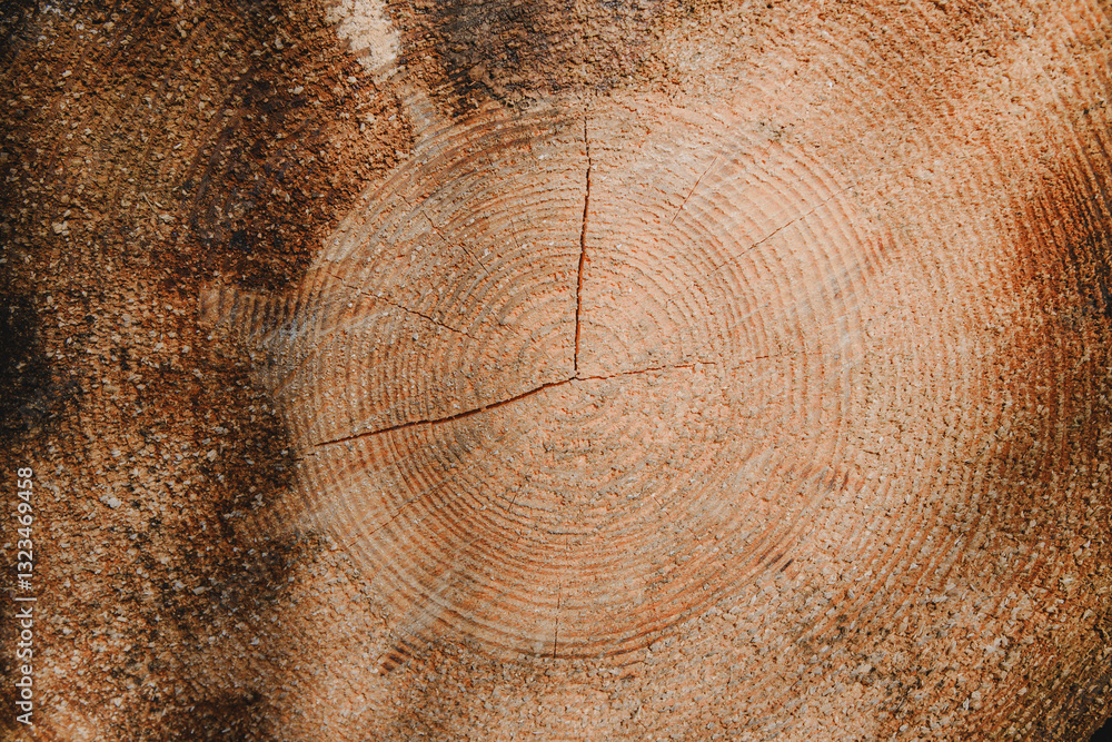 Naklejka premium Cut surface of old wooden tree, Germany, Rödermark. Detailed warm dark brown and orange tones of a felled tree trunk or stump. Rough organic texture of annual rings. 