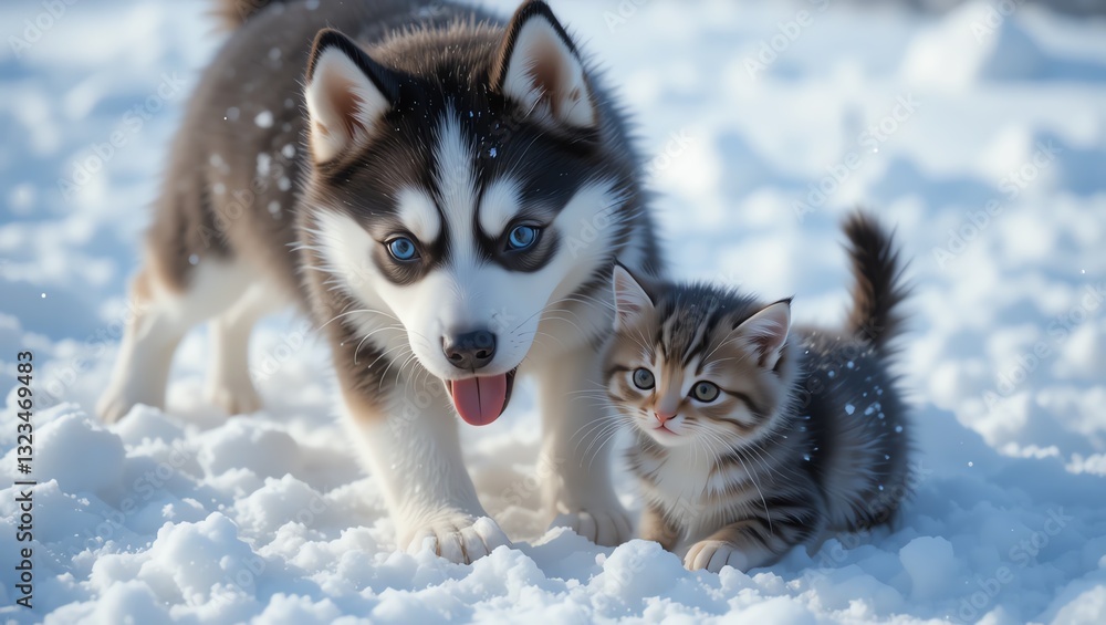Adorable pup and kitten playing together in a snowy landscape, capturing joy and companionship in winter charm. Adorable pup and kitten playing together in a snowy landscape, capturing joy and companionship in winter charm.