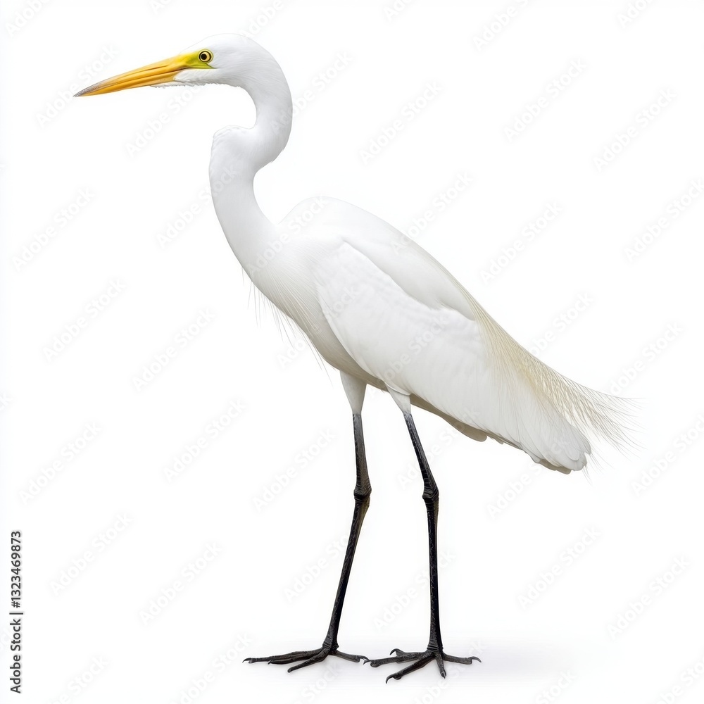 Naklejka premium White Great Egret standing on a white background, showcasing its elegant posture and detailed plumage. The bird's long neck and slender legs are prominent.