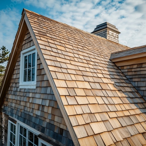 Cedar Shake Roof Detail with White Windows and Blue Sky - Architectural Elegance and Traditional Craftsmanship