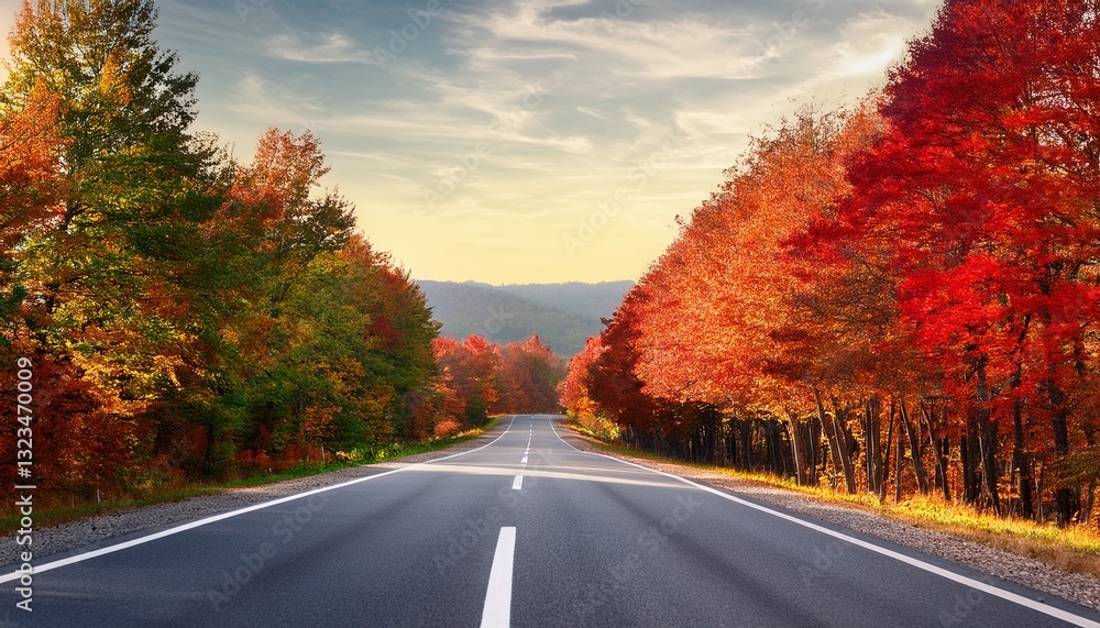 Fototapeta premium an empty road with red and green trees beside it