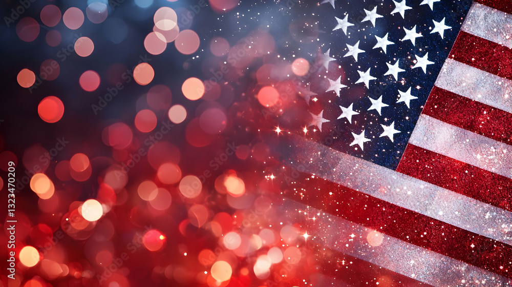 Fototapeta premium American Flag Abstract Background with Bokeh Lights and Glitter for Patriotic Holiday Celebrations
