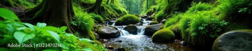 Lush moss and ferns surrounding a crystal clear mountain stream, ferns, nature, stream