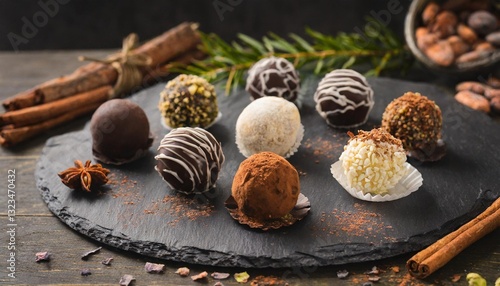 Assorted artisan chocolate truffles with intricate designs on a slate plate.