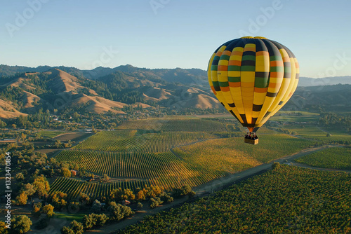 Hot air balloon adventure over napa valley vineyards in california during a warm morning flight