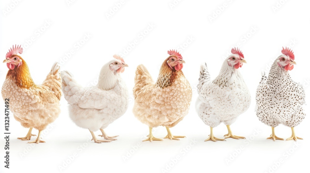Fototapeta premium Five Hens of Varying Plumage in a Row Against White Background