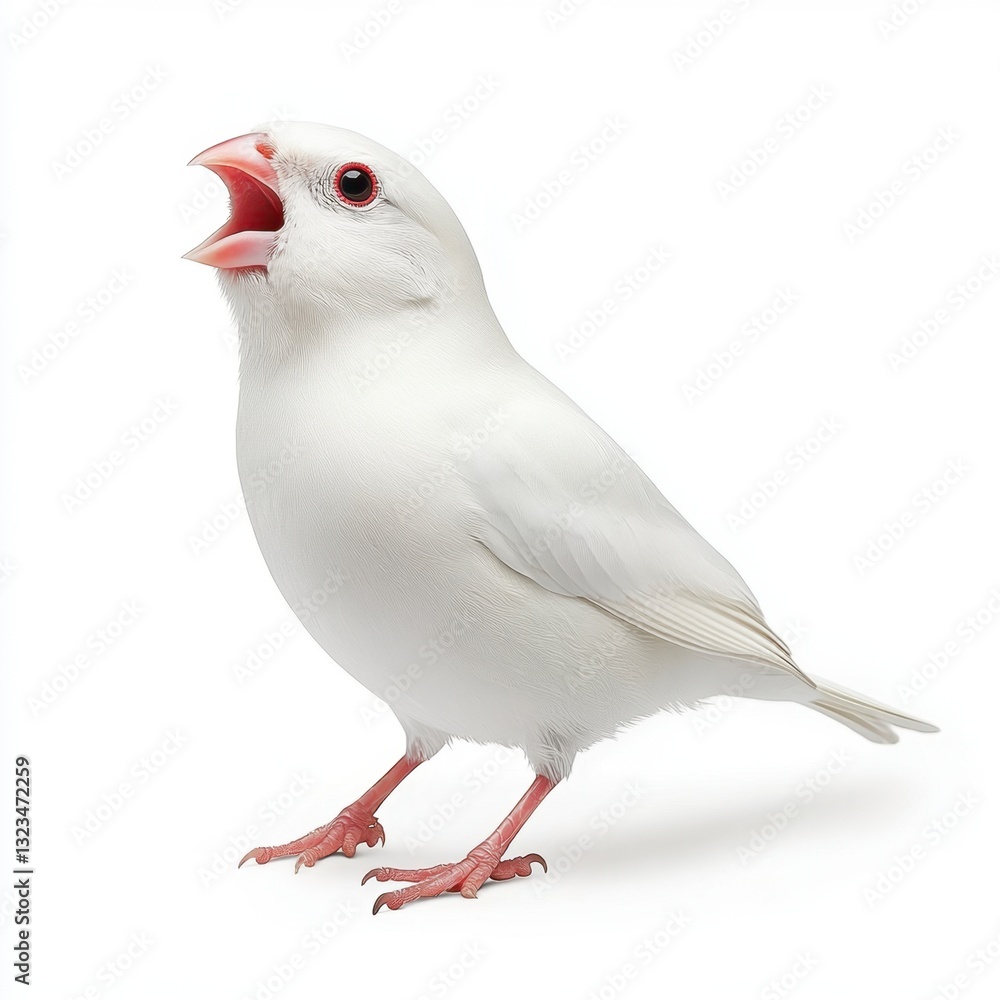 White bird with open beak, small body, pink legs and feet, isolated on white background. The bird appears fluffy. White bird with open beak, small body, pink legs and feet, isolated on white background. The bird appears fluffy.