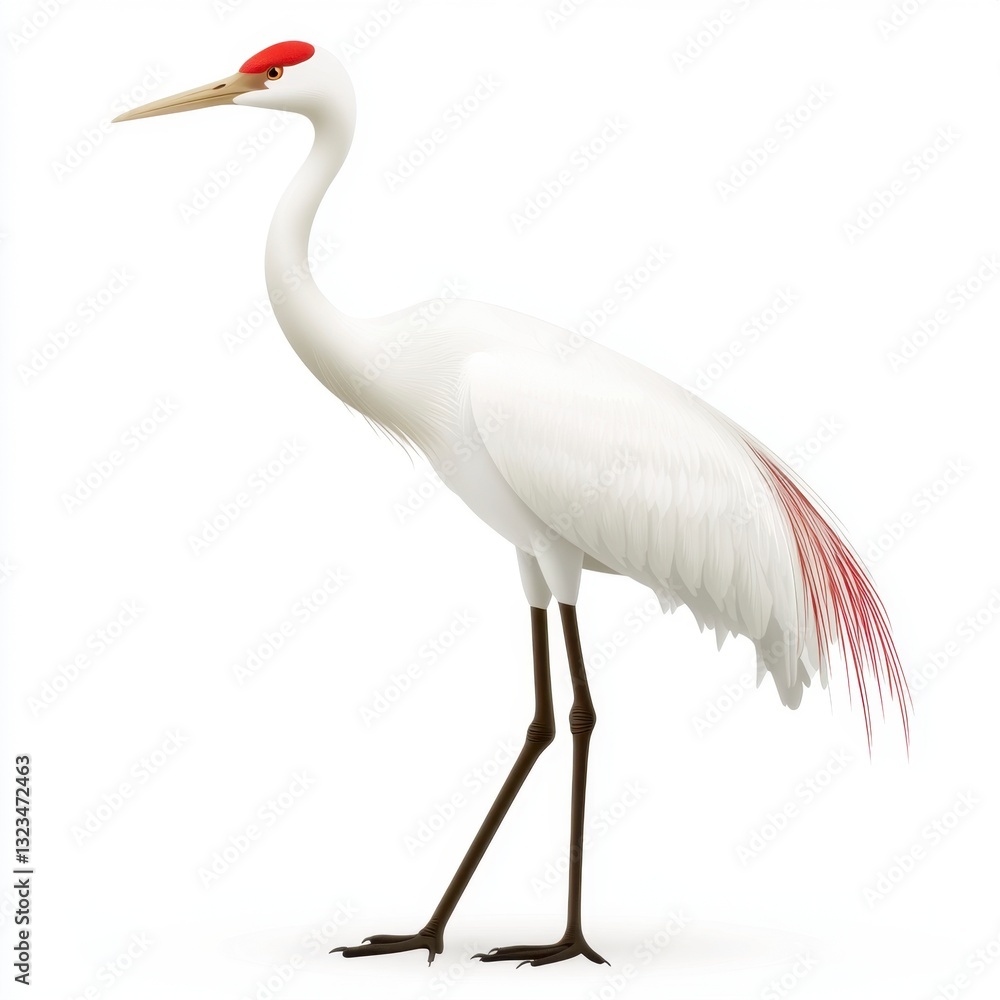 Fototapeta premium White crane with red crown and tail feathers against a white background. Detailed illustration of a bird.