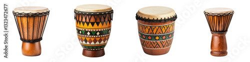 A collection of vibrant handmade percussion instruments like djembe conga and bongo drums with traditional African tribal patterns and designs perfect for live music performances cultural festival photo