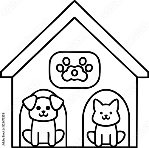 Cartoon of a dog and cat sitting in a pet house with a paw print sign.