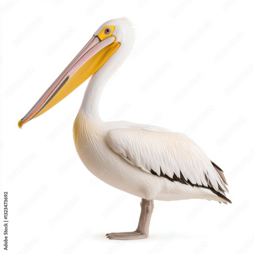 Great White Pelican standing on white background. The bird is predominantly white with yellow beak and black wingtips. Great White Pelican standing on white background. The bird is predominantly white with yellow beak and black wingtips.