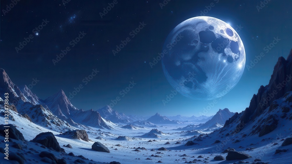 Enormous Celestial Body Illuminates a Frosty, Mountainous Landscape Under a Starry Night Sky Enormous Celestial Body Illuminates a Frosty, Mountainous Landscape Under a Starry Night Sky