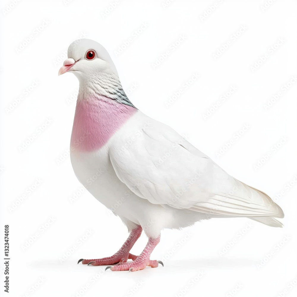 Obraz premium White pigeon with pink breast feathers, standing against a white background. Studio shot, detailed view.