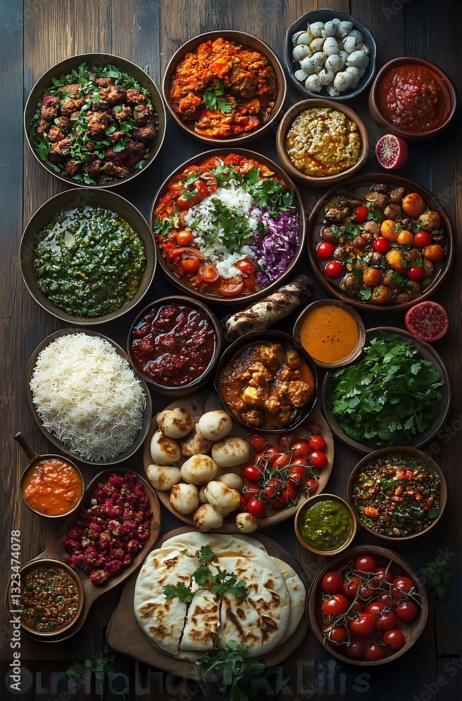 Fototapeta premium Vibrant Traditional Feast with Rice Vegetables and Sauces