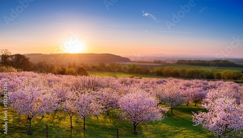 spring blossom field at sunset