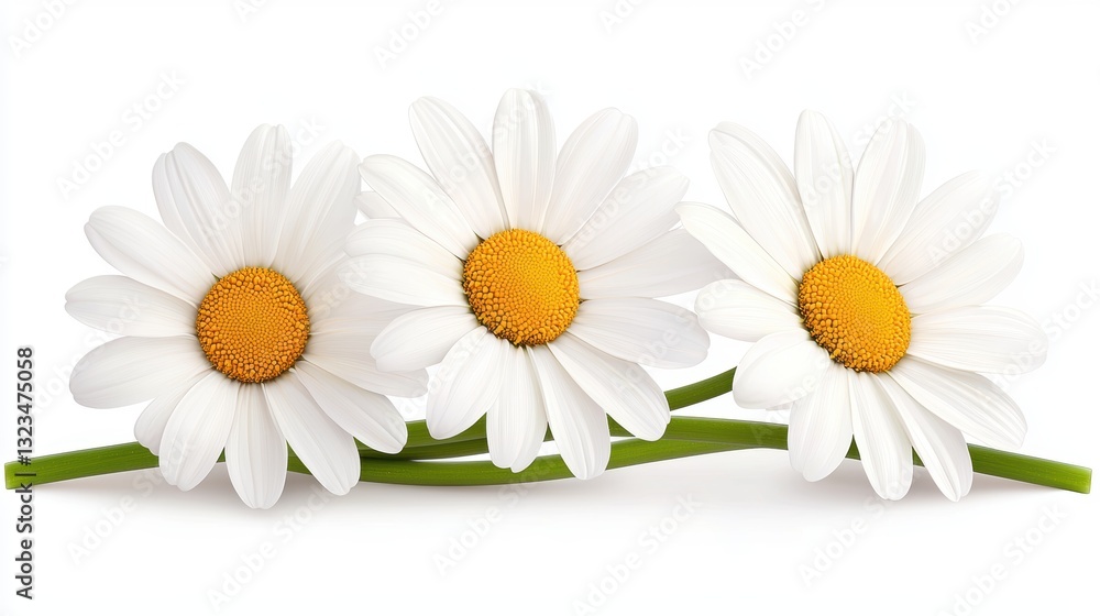 Obraz premium Three white daisies with yellow centers arranged closely, showcasing their delicate petals and vibrant colors.