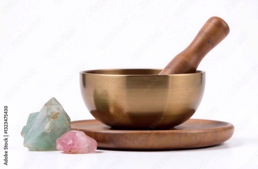On a white background are depicted attributes for meditation, a singing bowl, quartz crystals On a white background are depicted attributes for meditation, a singing bowl, quartz crystals