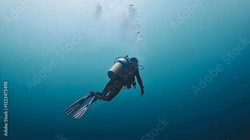 Wallpaper Mural Silhouette Scuba Diver Explores The Deep Blue Ocean With Bubbles Ascending Underwater Torontodigital.ca