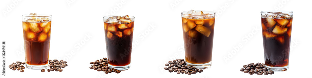 Delicious iced coffee with coffee beans scattered around a glass filled with a chilled refreshing beverage set against a reflective surface creating a cozy and inviting caf atmosphere Delicious iced coffee with coffee beans scattered around a glass filled with a chilled refreshing beverage set against a reflective surface creating a cozy and inviting caf atmosphere