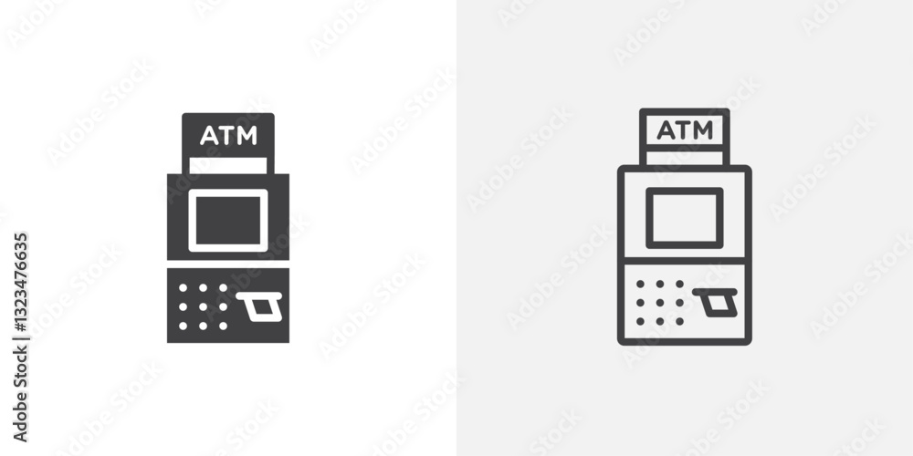 ATM machine icons in filled and outline versions for ui designs ATM machine icons in filled and outline versions for ui designs