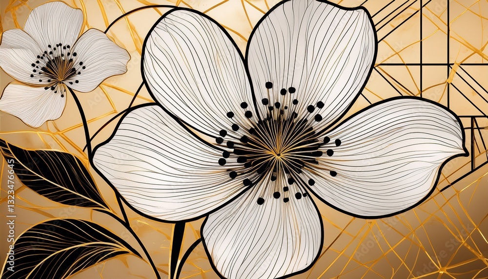 Fototapeta premium Minimalist Gold Floral Geometry. Black & white flower outlines, gold foil pattern. Modern luxury design. Chic botanical backdrop