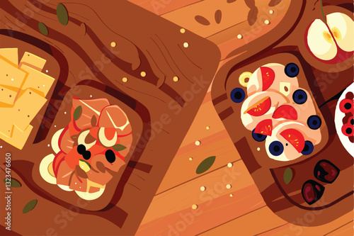 Abstract overhead shot of multiple aesthetically arranged charcuterie boards, showcasing diverse cheeses, meats, fruits, and nuts. (1) indicates a numbered sequence.