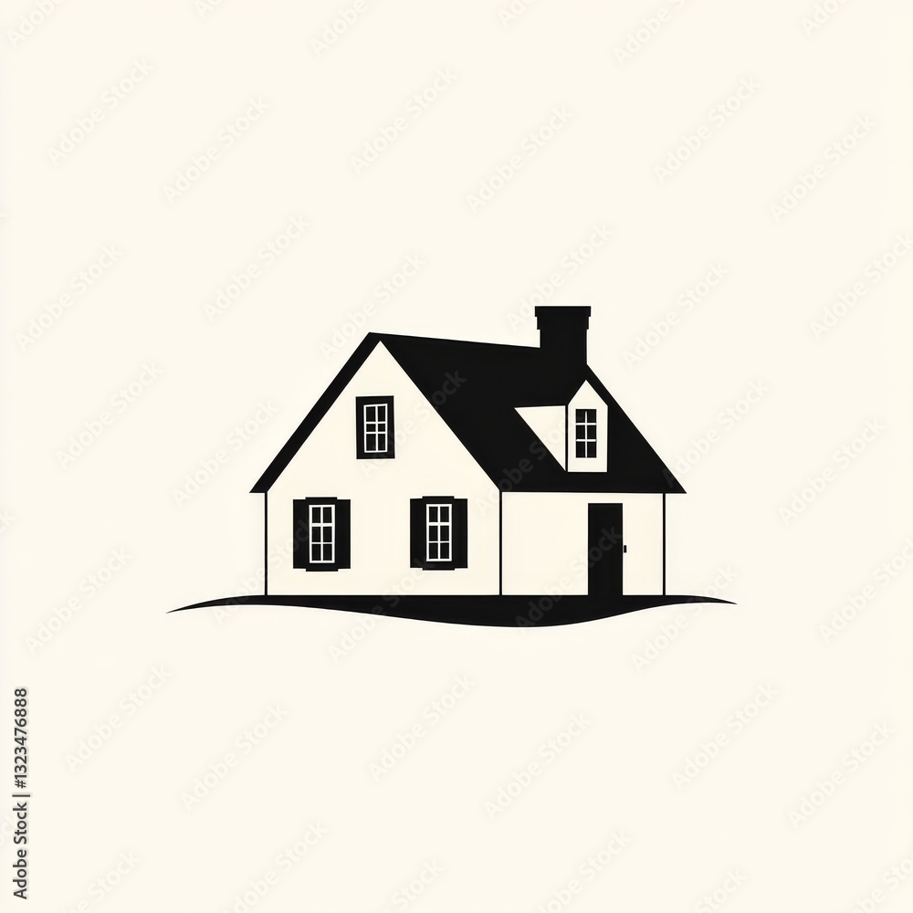 Minimalist Black and White Illustration of a House with Windows, Shutters, and a Chimney on a Gentle Slope Minimalist Black and White Illustration of a House with Windows, Shutters, and a Chimney on a Gentle Slope