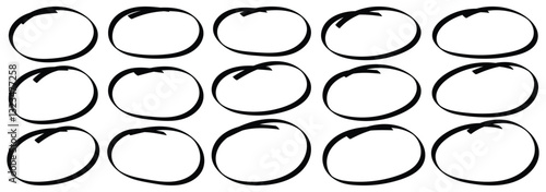 Set of doodle ellipses. Highlight circle frames. Brush strokes oval circle elips elements collection. Ellipses in doodle style. Ink hand drawn paint brush circle. Round scribble doodle note mark. 