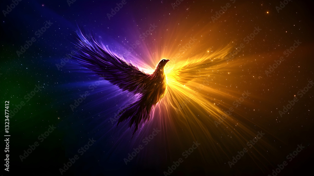A vibrant bird with radiant wings amidst a starlit cosmos scene