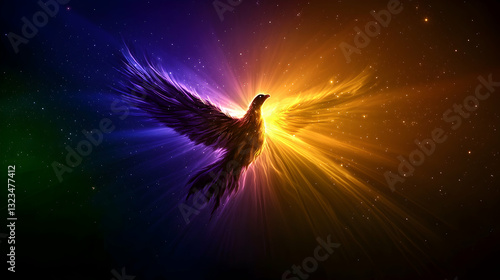 Obraz na płótnie A vibrant bird with radiant wings amidst a starlit cosmos scene w salonie