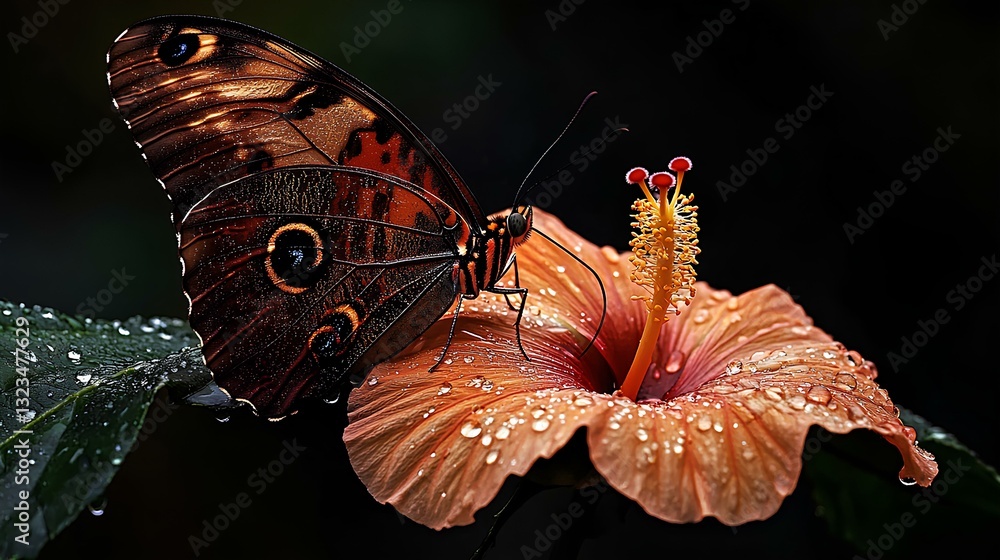 butterfly resting on a hibiscus flower, with morning dew on the petals.
