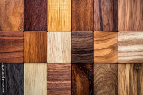 Wood samples arranged in a grid pattern.  Various shades and types of wood are displayed