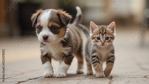 Adorable puppy and playful kitten exploring together in a sunny outdoor setting, showcasing their friendship.