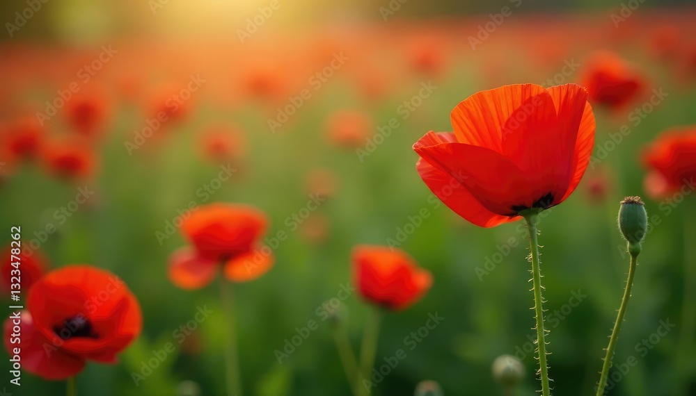 Single red poppy amidst lush red poppy flowers, colorful, garden Single red poppy amidst lush red poppy flowers, colorful, garden