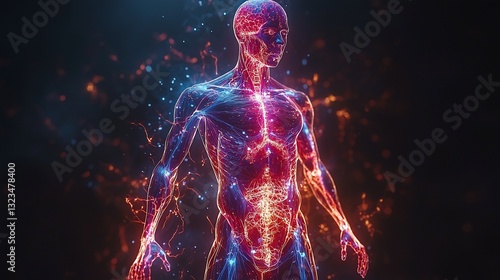 Glowing Human Anatomy Model with Energy Flow, Set Against a Dark Background, Illustrating Life