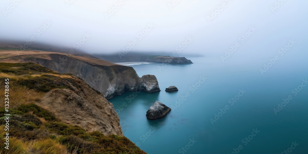 A foggy day with a rocky shoreline and a calm ocean. The sky is overcast and the water is a deep blue A foggy day with a rocky shoreline and a calm ocean. The sky is overcast and the water is a deep blue