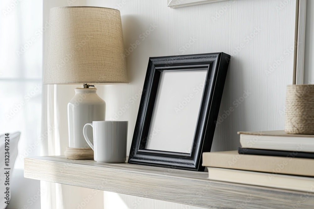 Obraz premium Cozy shelf display with lamp, mug, frame, and books