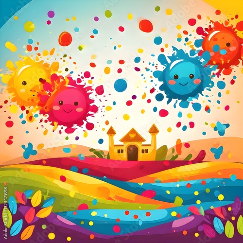 A cute vector of a Holi-themed greeting card for kids.