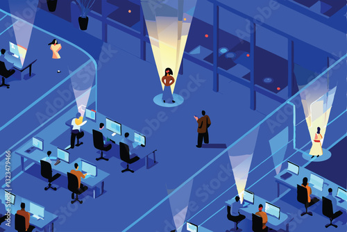 A vibrant, bustling virtual office scene depicting diverse people collaborating in a shared digital workspace, showcasing active communication and teamwork.
