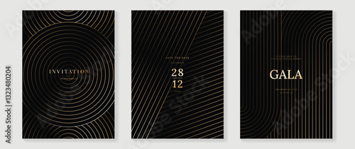 Luxury invitation card background vector. Golden elegant geometric shape, gold lines gradient on dark background. Premium design illustration for gala card, grand opening, party invitation, wedding.