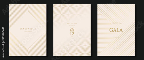 Luxury invitation card background vector. Golden elegant geometric shape, gold lines gradient on light background. Premium design illustration for gala card, grand opening, party invitation, wedding.