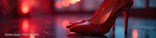 Soft ambient lights dance across the glossy surface of a red high heel shoe, evening, metallic