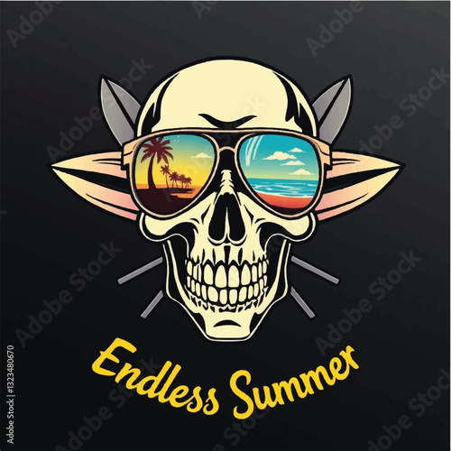 A punk-rock summer logo featuring a detailed skull wearing reflective sunglasses with a tropical beach inside them, crossed surfboards behind the skull, and Endless Summer text below