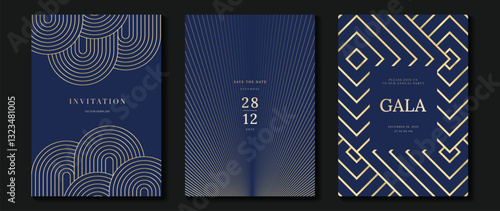 Luxury invitation card background vector. Golden elegant geometric shape, gold lines gradient on navy blue background. Premium design illustration for gala, grand opening, party invitation, wedding.