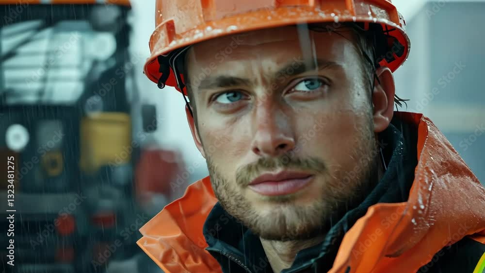 Man in an orange jacket and a hard hat is standing in the rain. He has a serious expression on his face Man in an orange jacket and a hard hat is standing in the rain. He has a serious expression on his face