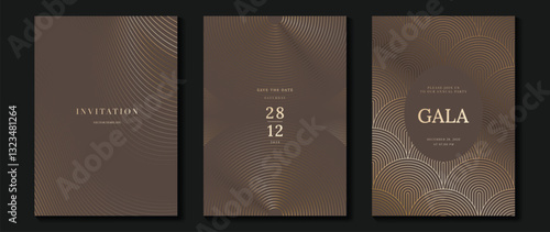 Luxury invitation card background vector. Golden elegant geometric shape, gold lines gradient on brown background. Premium design illustration for gala, grand opening, party invitation, wedding.