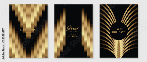 Luxury invitation card background vector. Golden elegant geometric shape, gold lines gradient on dark background. Premium design illustration for gala card, grand opening, party invitation, wedding.